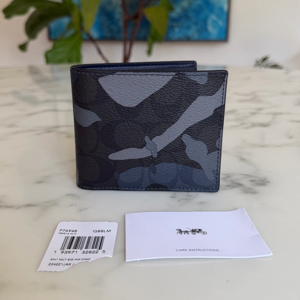NWT COACH 3-IN-1 WALLET IN SIGNATURE CANVAS INK CAMO PRINT BLUE BLACK F76948